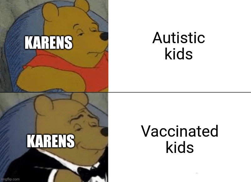 Tuxedo Winnie The Pooh | Autistic kids; KARENS; Vaccinated kids; KARENS | image tagged in memes,tuxedo winnie the pooh | made w/ Imgflip meme maker