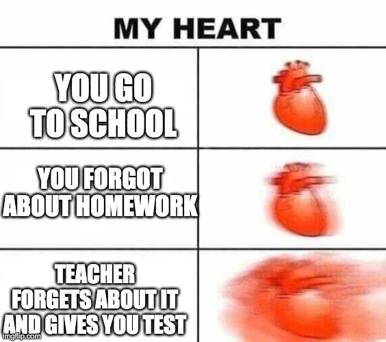 My heart blank | YOU GO TO SCHOOL YOU FORGOT ABOUT HOMEWORK TEACHER FORGETS ABOUT IT AND GIVES YOU TEST | image tagged in my heart blank | made w/ Imgflip meme maker