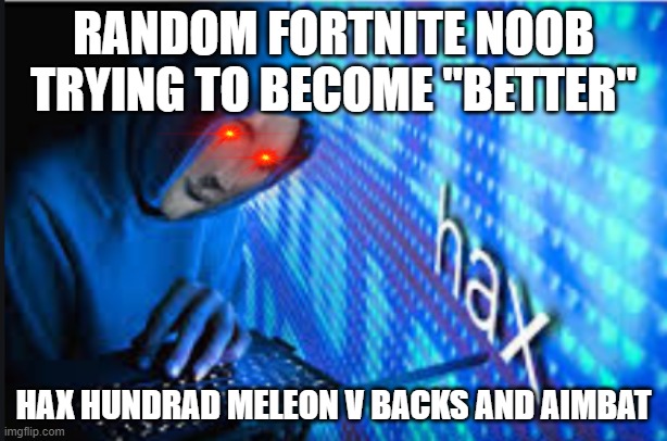 Hax | RANDOM FORTNITE NOOB TRYING TO BECOME "BETTER"; HAX HUNDRAD MELEON V BACKS AND AIMBAT | image tagged in hax | made w/ Imgflip meme maker