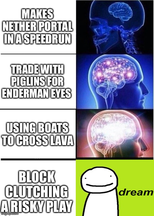 Expanding Brain Meme | MAKES NETHER PORTAL IN A SPEEDRUN; TRADE WITH PIGLINS FOR ENDERMAN EYES; USING BOATS TO CROSS LAVA; BLOCK CLUTCHING A RISKY PLAY | image tagged in memes,expanding brain,dream | made w/ Imgflip meme maker