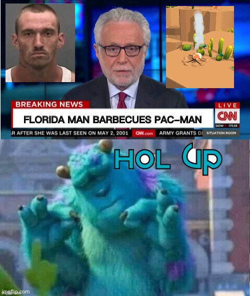 HOL UP | FLORIDA MAN BARBECUES PAC-MAN | image tagged in funny memes,memes,hol up,pac man,breaking news,dank memes | made w/ Imgflip meme maker