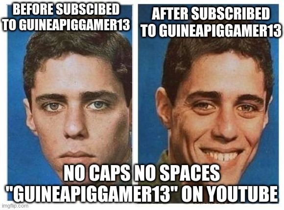 DO IT | AFTER SUBSCRIBED TO GUINEAPIGGAMER13; BEFORE SUBSCIBED TO GUINEAPIGGAMER13; NO CAPS NO SPACES "GUINEAPIGGAMER13" ON YOUTUBE | image tagged in before after - sad happy face | made w/ Imgflip meme maker