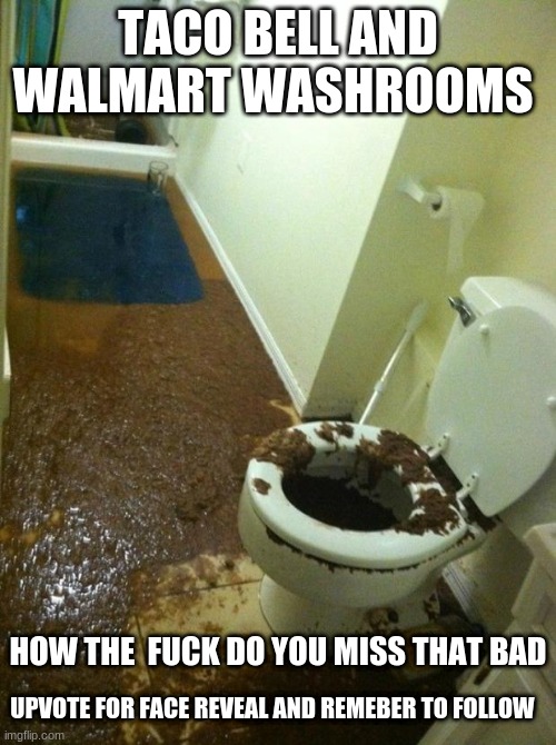 poop | TACO BELL AND WALMART WASHROOMS; HOW THE  FUCK DO YOU MISS THAT BAD; UPVOTE FOR FACE REVEAL AND REMEBER TO FOLLOW | image tagged in poop | made w/ Imgflip meme maker