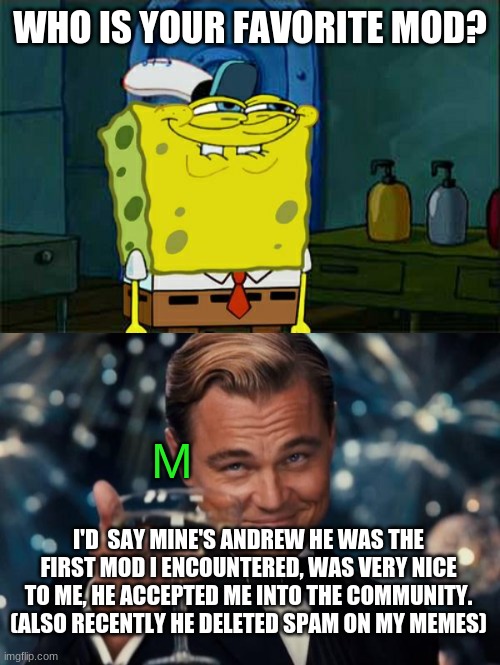 WHO IS YOUR FAVORITE MOD? M; I'D  SAY MINE'S ANDREW HE WAS THE FIRST MOD I ENCOUNTERED, WAS VERY NICE TO ME, HE ACCEPTED ME INTO THE COMMUNITY. (ALSO RECENTLY HE DELETED SPAM ON MY MEMES) | image tagged in memes,don't you squidward,leonardo dicaprio cheers,imgflip mods,dat green m lookin kinda nice | made w/ Imgflip meme maker