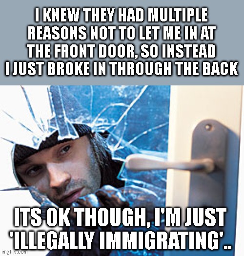 break in | I KNEW THEY HAD MULTIPLE REASONS NOT TO LET ME IN AT THE FRONT DOOR, SO INSTEAD I JUST BROKE IN THROUGH THE BACK; ITS OK THOUGH, I'M JUST 'ILLEGALLY IMMIGRATING'.. | image tagged in break in | made w/ Imgflip meme maker