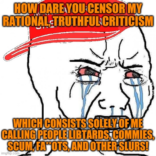 Freedom of Bullying and Harrassment | HOW DARE YOU CENSOR MY RATIONAL, TRUTHFUL CRITICISM; WHICH CONSISTS SOLELY OF ME CALLING PEOPLE LIBTARDS, COMMIES, SCUM, FA**OTS, AND OTHER SLURS! | image tagged in crying wojak maga | made w/ Imgflip meme maker