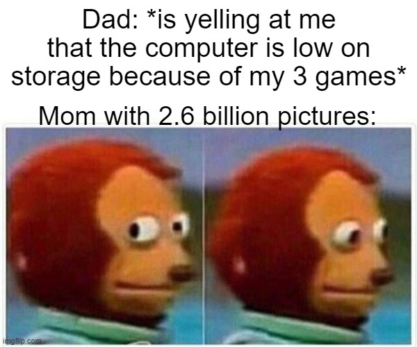 Computer storage space | Dad: *is yelling at me that the computer is low on storage because of my 3 games*; Mom with 2.6 billion pictures: | image tagged in memes,monkey puppet,computer,storage,picture,dad | made w/ Imgflip meme maker