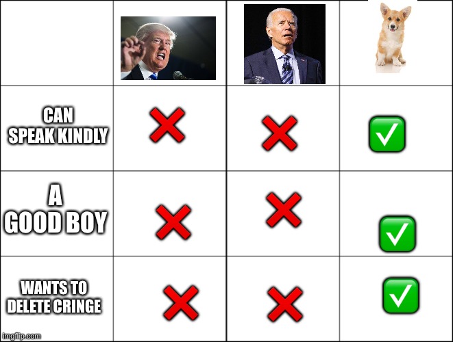 I’d make a good president | ✅; ❌; ❌; CAN SPEAK KINDLY; A GOOD BOY; ❌; ❌; ✅; ✅; ❌; WANTS TO DELETE CRINGE; ❌ | image tagged in eight panel rage comic maker | made w/ Imgflip meme maker