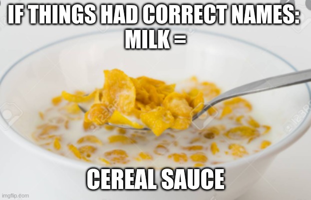IF THINGS HAD CORRECT NAMES: 
MILK =; CEREAL SAUCE | made w/ Imgflip meme maker