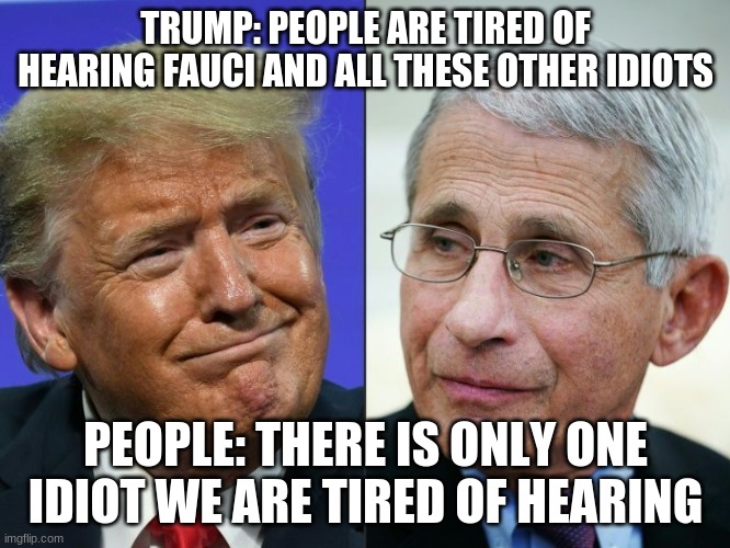 trump | TRUMP: PEOPLE ARE TIRED OF HEARING FAUCI AND ALL THESE OTHER IDIOTS; PEOPLE: THERE IS ONLY ONE IDIOT WE ARE TIRED OF HEARING | image tagged in idiot | made w/ Imgflip meme maker