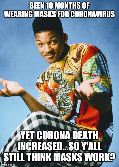 Somthin' Not Right | BEEN 10 MONTHS OF WEARING MASKS FOR CORONAVIRUS; YET CORONA DEATH INCREASED...SO Y'ALL STILL THINK MASKS WORK? | image tagged in coronavirus,covid-19,trump,fauci,cdc,nih | made w/ Imgflip meme maker