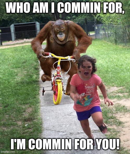 o no no | WHO AM I COMMIN FOR, I'M COMMIN FOR YOU! | image tagged in orangutan chasing girl on a tricycle | made w/ Imgflip meme maker
