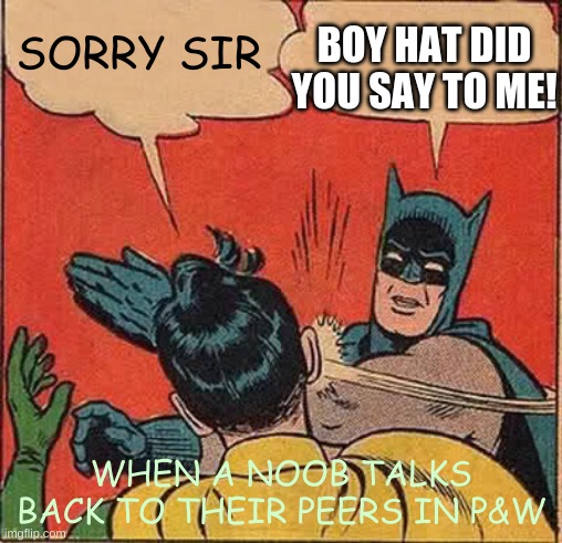 Batman Slapping Robin Meme | SORRY SIR; BOY HAT DID YOU SAY TO ME! WHEN A NOOB TALKS BACK TO THEIR PEERS IN P&W | image tagged in memes,batman slapping robin | made w/ Imgflip meme maker
