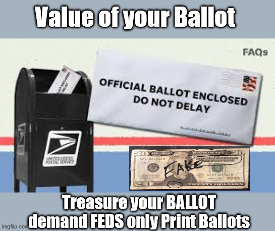 What's your Ballot Worth?  Call for the Treasury Department ONLY to Print Ballots | Value of your Ballot; Treasure your BALLOT demand FEDS only Print Ballots | image tagged in votiong,soft coup,deep state,swamp,marxist | made w/ Imgflip meme maker