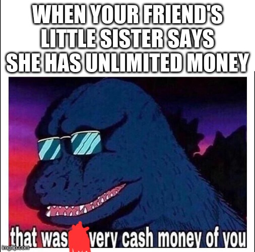 true story | WHEN YOUR FRIEND'S LITTLE SISTER SAYS SHE HAS UNLIMITED MONEY | image tagged in that wasn t very cash money | made w/ Imgflip meme maker