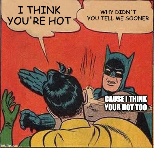 Slap Attack |  I THINK YOU'RE HOT; WHY DIDN'T YOU TELL ME SOONER; CAUSE I THINK YOUR HOT TOO | image tagged in memes,batman slapping robin,hot,bromance | made w/ Imgflip meme maker