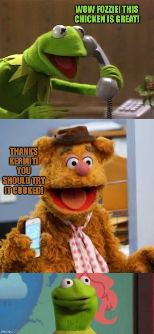 This is just wrong | WOW FOZZIE! THIS CHICKEN IS GREAT! THANKS KERMIT! YOU SHOULD TRY IT COOKED! | image tagged in funny memes,memes,funny,kermit the frog,awkward moment | made w/ Imgflip meme maker