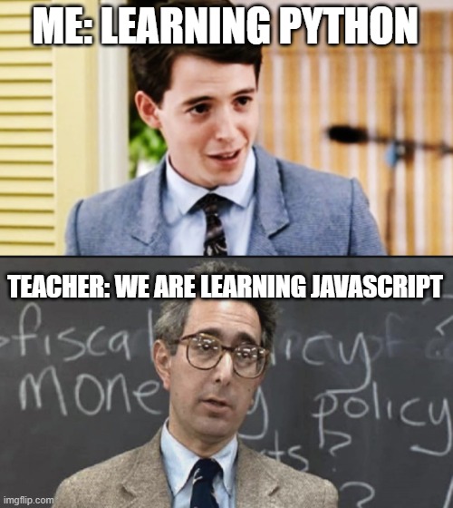 I am going to fail this class hard |  ME: LEARNING PYTHON; TEACHER: WE ARE LEARNING JAVASCRIPT | image tagged in computer science,python,javascript | made w/ Imgflip meme maker