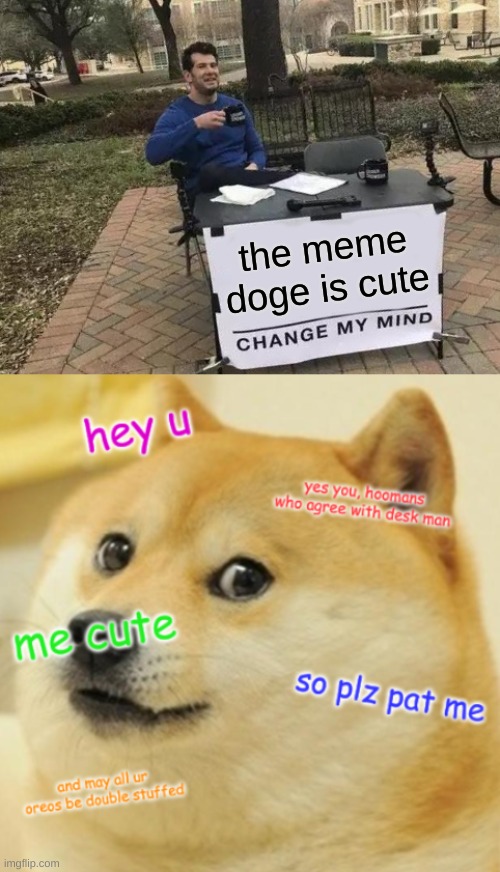the doge is cute, and you cant change my mind. | the meme doge is cute | image tagged in change my mind,doge,doge cute,cute doge,upvote if you agree | made w/ Imgflip meme maker