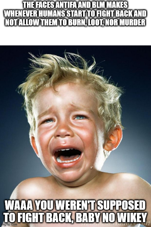 crying child | THE FACES ANTIFA AND BLM MAKES WHENEVER HUMANS START TO FIGHT BACK AND NOT ALLOW THEM TO BURN, LOOT, NOR MURDER; WAAA YOU WEREN'T SUPPOSED TO FIGHT BACK, BABY NO WIKEY | image tagged in crying child,blm,antifa,political meme,america | made w/ Imgflip meme maker