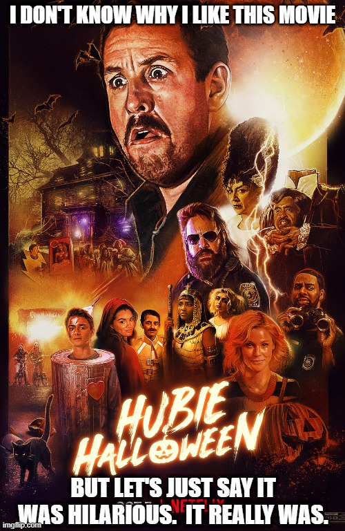 With an all-star cast and plenty of laughs, this movie is an underrated good time! (Streaming now on Netflix) | I DON'T KNOW WHY I LIKE THIS MOVIE; BUT LET'S JUST SAY IT WAS HILARIOUS.  IT REALLY WAS. | image tagged in hubie halloween,netflix,adam sandler,noah schnapp,kevin james,maya rudolph | made w/ Imgflip meme maker