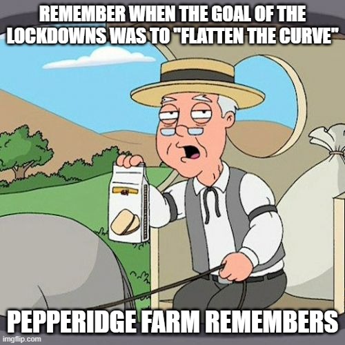 Pepperidge Farm Remembers Meme | REMEMBER WHEN THE GOAL OF THE LOCKDOWNS WAS TO "FLATTEN THE CURVE"; PEPPERIDGE FARM REMEMBERS | image tagged in memes,pepperidge farm remembers | made w/ Imgflip meme maker