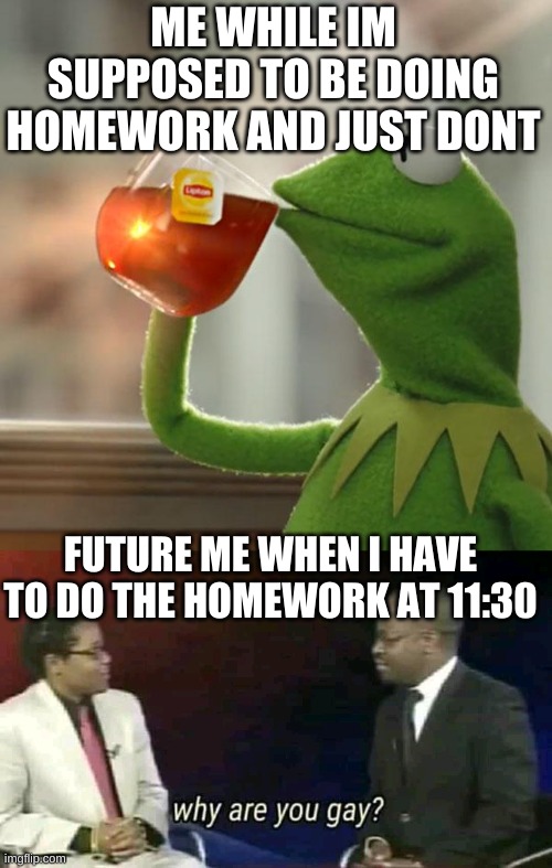 ME WHILE IM SUPPOSED TO BE DOING HOMEWORK AND JUST DONT; FUTURE ME WHEN I HAVE TO DO THE HOMEWORK AT 11:30 | image tagged in memes,but that's none of my business,why are you gay | made w/ Imgflip meme maker