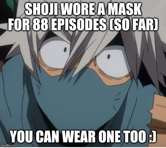 wear your masks, everyone! | SHOJI WORE A MASK FOR 88 EPISODES (SO FAR); YOU CAN WEAR ONE TOO :) | image tagged in wear a mask | made w/ Imgflip meme maker