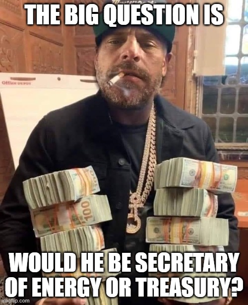 Hunter Biden Bag Man | THE BIG QUESTION IS; WOULD HE BE SECRETARY OF ENERGY OR TREASURY? | image tagged in hunter biden bag man | made w/ Imgflip meme maker