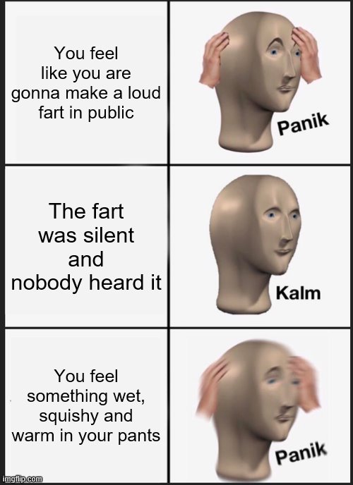 Panik Kalm Panik Meme | You feel like you are gonna make a loud fart in public; The fart was silent and nobody heard it; You feel something wet, squishy and warm in your pants | image tagged in memes,panik kalm panik | made w/ Imgflip meme maker