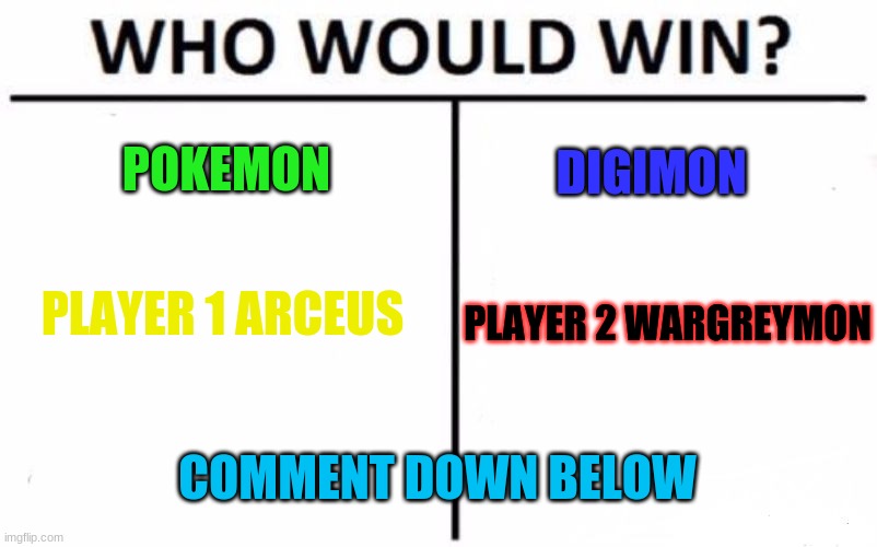 Who Would Win? | POKEMON; DIGIMON; PLAYER 1 ARCEUS; PLAYER 2 WARGREYMON; COMMENT DOWN BELOW | image tagged in memes,who would win | made w/ Imgflip meme maker