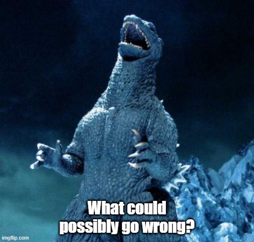 Laughing Godzilla | What could possibly go wrong? | image tagged in laughing godzilla | made w/ Imgflip meme maker