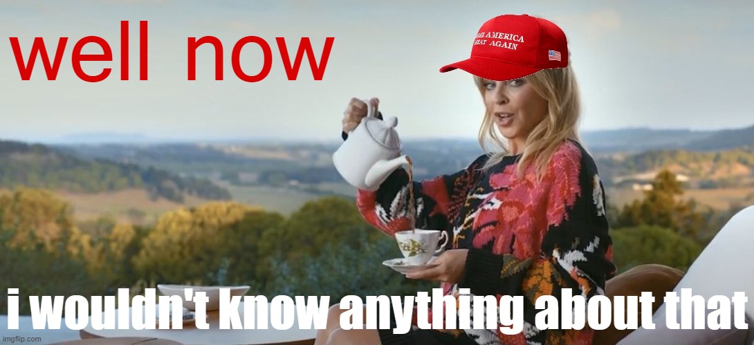 Start 15 streams and promote a female rock star from the U.K.? [self-cringe] | well now; i wouldn't know anything about that | image tagged in maga kylie tea,maga | made w/ Imgflip meme maker