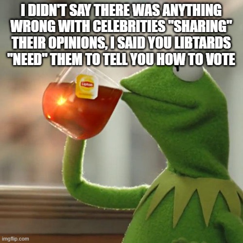 But That's None Of My Business Meme | I DIDN'T SAY THERE WAS ANYTHING WRONG WITH CELEBRITIES "SHARING" THEIR OPINIONS, I SAID YOU LIBTARDS "NEED" THEM TO TELL YOU HOW TO VOTE | image tagged in memes,but that's none of my business,kermit the frog | made w/ Imgflip meme maker