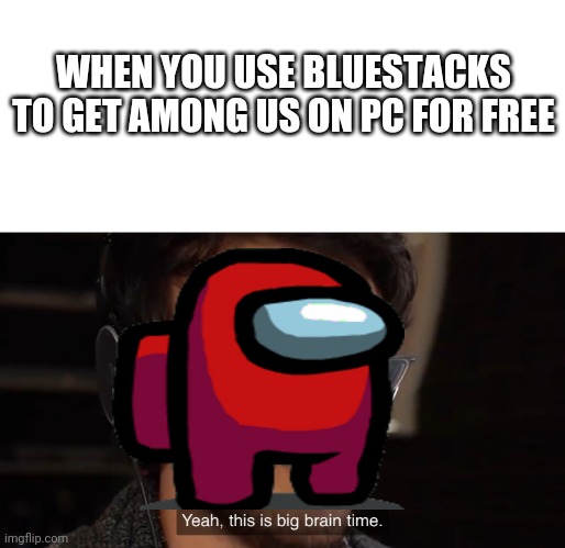 Big Brain | WHEN YOU USE BLUESTACKS TO GET AMONG US ON PC FOR FREE | image tagged in yeah this is big brain time,among us | made w/ Imgflip meme maker