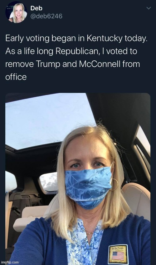 nono she was always a dem, look @ how much blue she's wearin n a face mask 2 n no maga hat maga | image tagged in maga,republican,election 2020,2020 elections,repost,face mask | made w/ Imgflip meme maker