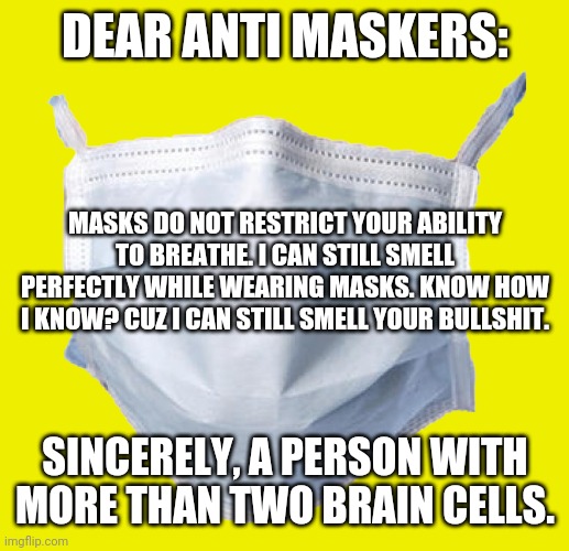 Face mask | DEAR ANTI MASKERS:; MASKS DO NOT RESTRICT YOUR ABILITY TO BREATHE. I CAN STILL SMELL PERFECTLY WHILE WEARING MASKS. KNOW HOW I KNOW? CUZ I CAN STILL SMELL YOUR BULLSHIT. SINCERELY, A PERSON WITH MORE THAN TWO BRAIN CELLS. | image tagged in face mask | made w/ Imgflip meme maker