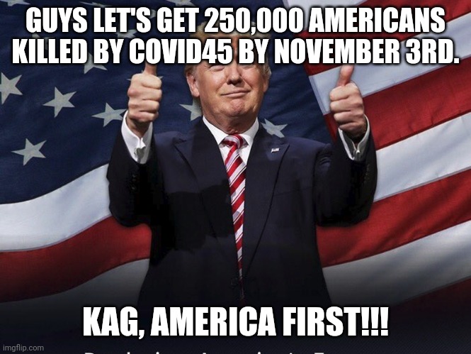 Let's get to 250000 | GUYS LET'S GET 250,000 AMERICANS KILLED BY COVID45 BY NOVEMBER 3RD. KAG, AMERICA FIRST!!! | image tagged in coronavirus,election 2020,donald trump,joe biden,trump supporters,covid19 | made w/ Imgflip meme maker
