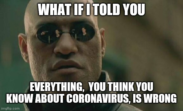 Matrix Morpheus Meme | WHAT IF I TOLD YOU; EVERYTHING,  YOU THINK YOU KNOW ABOUT CORONAVIRUS, IS WRONG | image tagged in memes,matrix morpheus | made w/ Imgflip meme maker