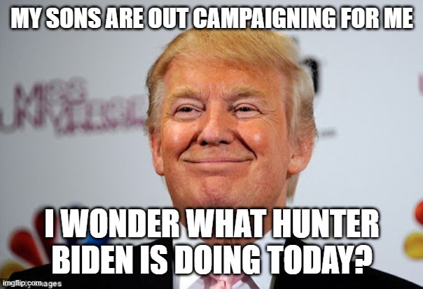 Donald trump approves | MY SONS ARE OUT CAMPAIGNING FOR ME; I WONDER WHAT HUNTER BIDEN IS DOING TODAY? | image tagged in donald trump approves | made w/ Imgflip meme maker