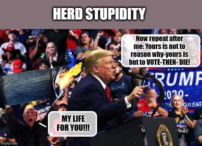 Another Day-Another Cluster F*ck Trump Rally | HERD STUPIDITY; Now repeat after me: Yours is not to reason why-yours is but to VOTE-THEN- DIE! MY LIFE FOR YOU!!! | image tagged in trump is a moron,donald trump is an idiot,election 2020,covid-19 | made w/ Imgflip meme maker