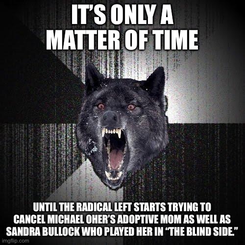 Insanity Wolf Meme | IT’S ONLY A MATTER OF TIME UNTIL THE RADICAL LEFT STARTS TRYING TO CANCEL MICHAEL OHER’S ADOPTIVE MOM AS WELL AS SANDRA BULLOCK WHO PLAYED H | image tagged in memes,insanity wolf | made w/ Imgflip meme maker