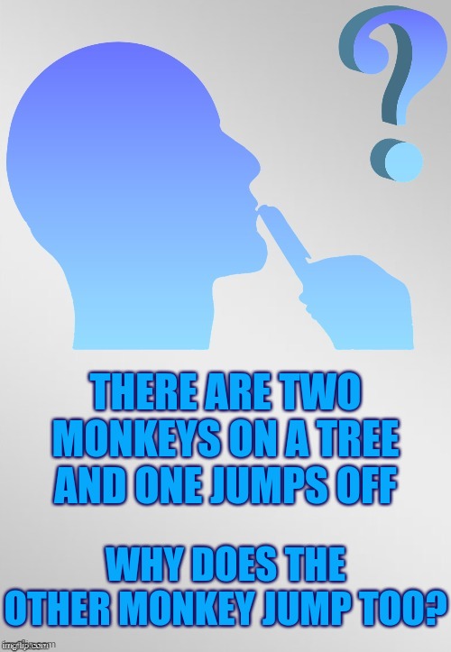 A Brain Teaser For Y'all .. What's the answer? | THERE ARE TWO MONKEYS ON A TREE AND ONE JUMPS OFF; WHY DOES THE OTHER MONKEY JUMP TOO? | image tagged in riddle template,memes,brain teaser,riddles and brainteasers,riddle me this,riddle | made w/ Imgflip meme maker