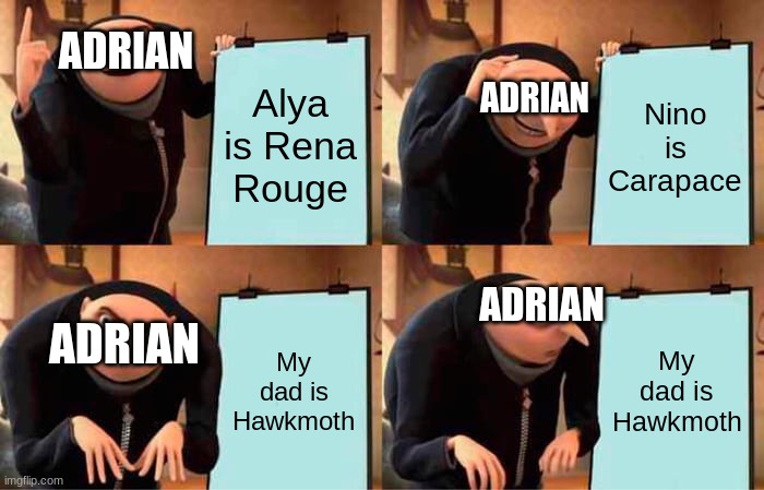 My dad is Hawkmoth!!!!!!! | ADRIAN; Alya is Rena Rouge; ADRIAN; Nino is Carapace; ADRIAN; My dad is Hawkmoth; My dad is Hawkmoth; ADRIAN | image tagged in memes,gru's plan | made w/ Imgflip meme maker