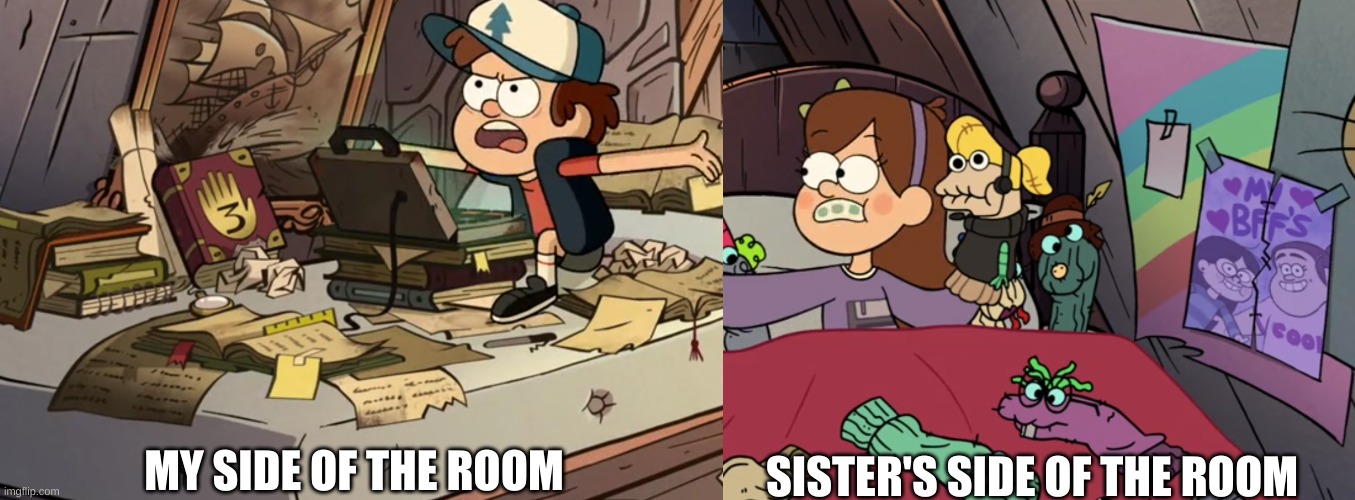 The Sharespace | MY SIDE OF THE ROOM; SISTER'S SIDE OF THE ROOM | image tagged in memes,relatable,gravity falls,tv shows,mable pines,dipper pines | made w/ Imgflip meme maker