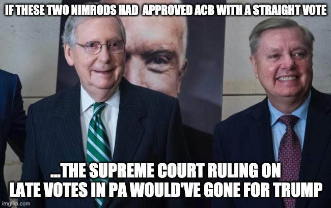 IF THESE TWO NIMRODS HAD  APPROVED ACB WITH A STRAIGHT VOTE; ...THE SUPREME COURT RULING ON LATE VOTES IN PA WOULD'VE GONE FOR TRUMP | made w/ Imgflip meme maker