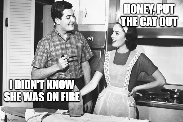 Vintage Husband and Wife | HONEY, PUT THE CAT OUT; I DIDN'T KNOW SHE WAS ON FIRE | image tagged in vintage husband and wife | made w/ Imgflip meme maker