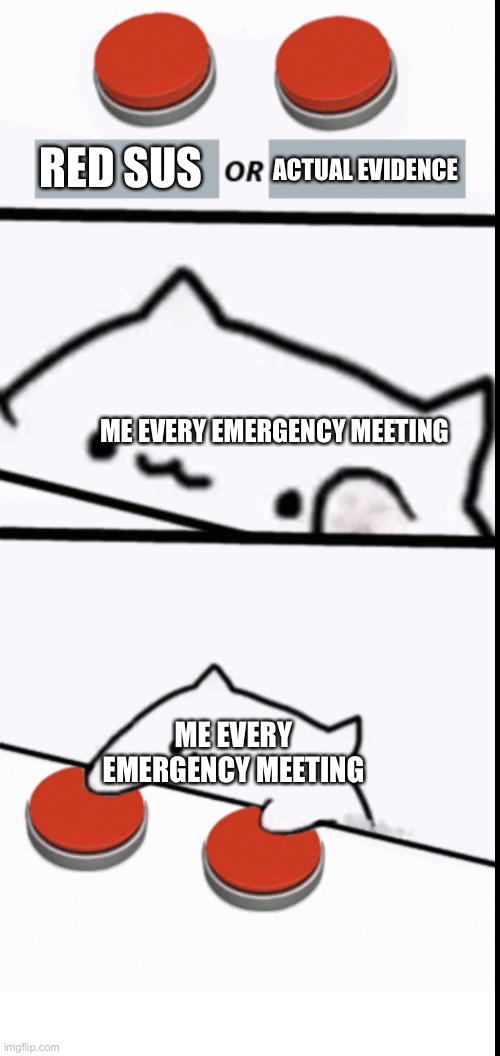 Bongo button | ACTUAL EVIDENCE; RED SUS; ME EVERY EMERGENCY MEETING; ME EVERY EMERGENCY MEETING | image tagged in bongo button,gaming,cat | made w/ Imgflip meme maker
