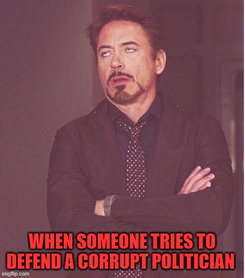 Face You Make Robert Downey Jr Meme | WHEN SOMEONE TRIES TO DEFEND A CORRUPT POLITICIAN | image tagged in memes,face you make robert downey jr | made w/ Imgflip meme maker