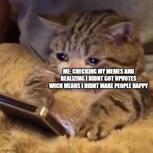 shame | ME: CHECKING MY MEMES AND REALIZING I DIDNT GOT UPVOTES WICH MEANS I DIDNT MAKE PEOPLE HAPPY | image tagged in crying cat on phone | made w/ Imgflip meme maker